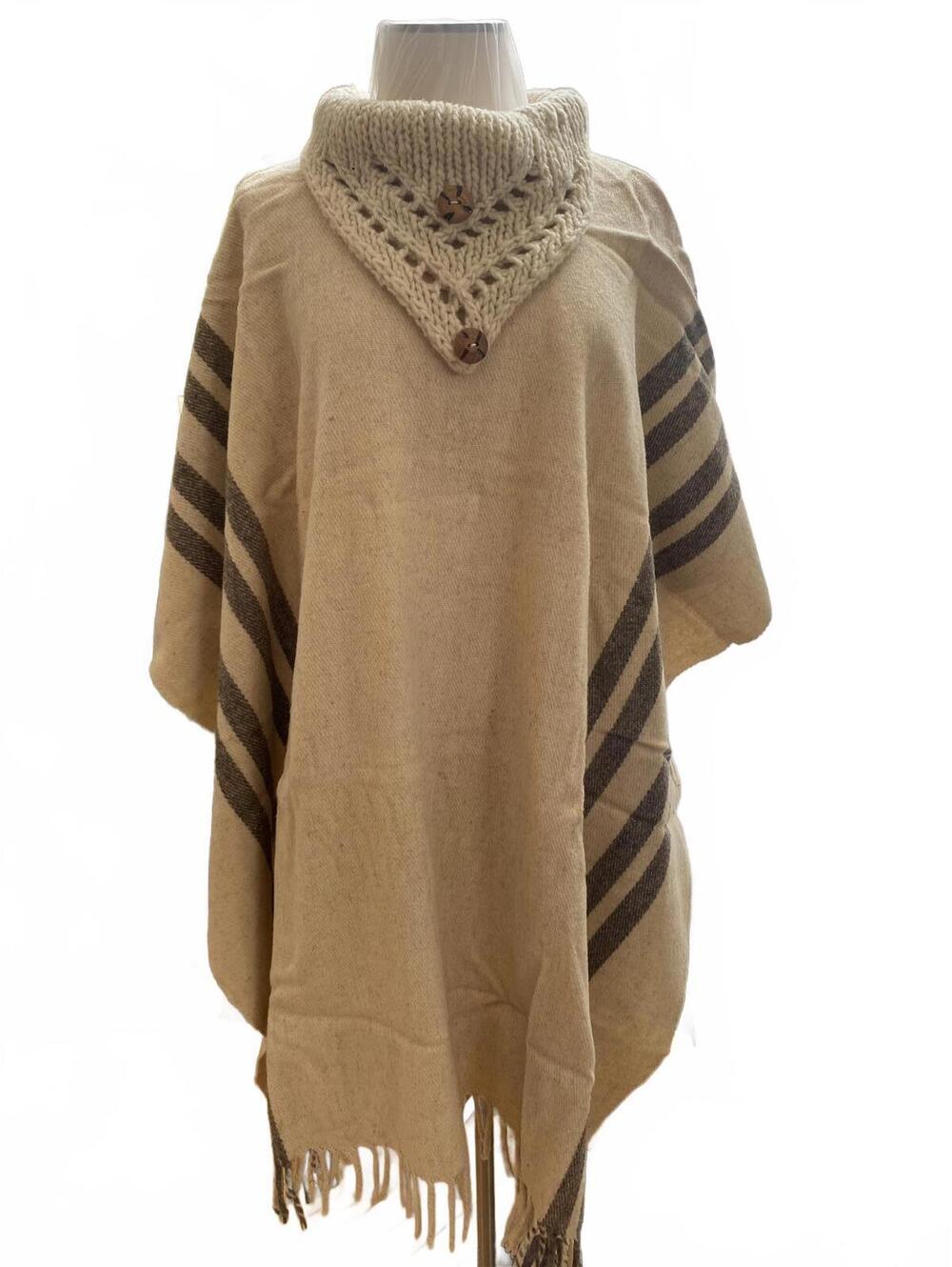 Beige and Brown Striped Knit Poncho with Buttoned Collar One Size